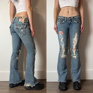 True Religion patched distressed low rise flare denim